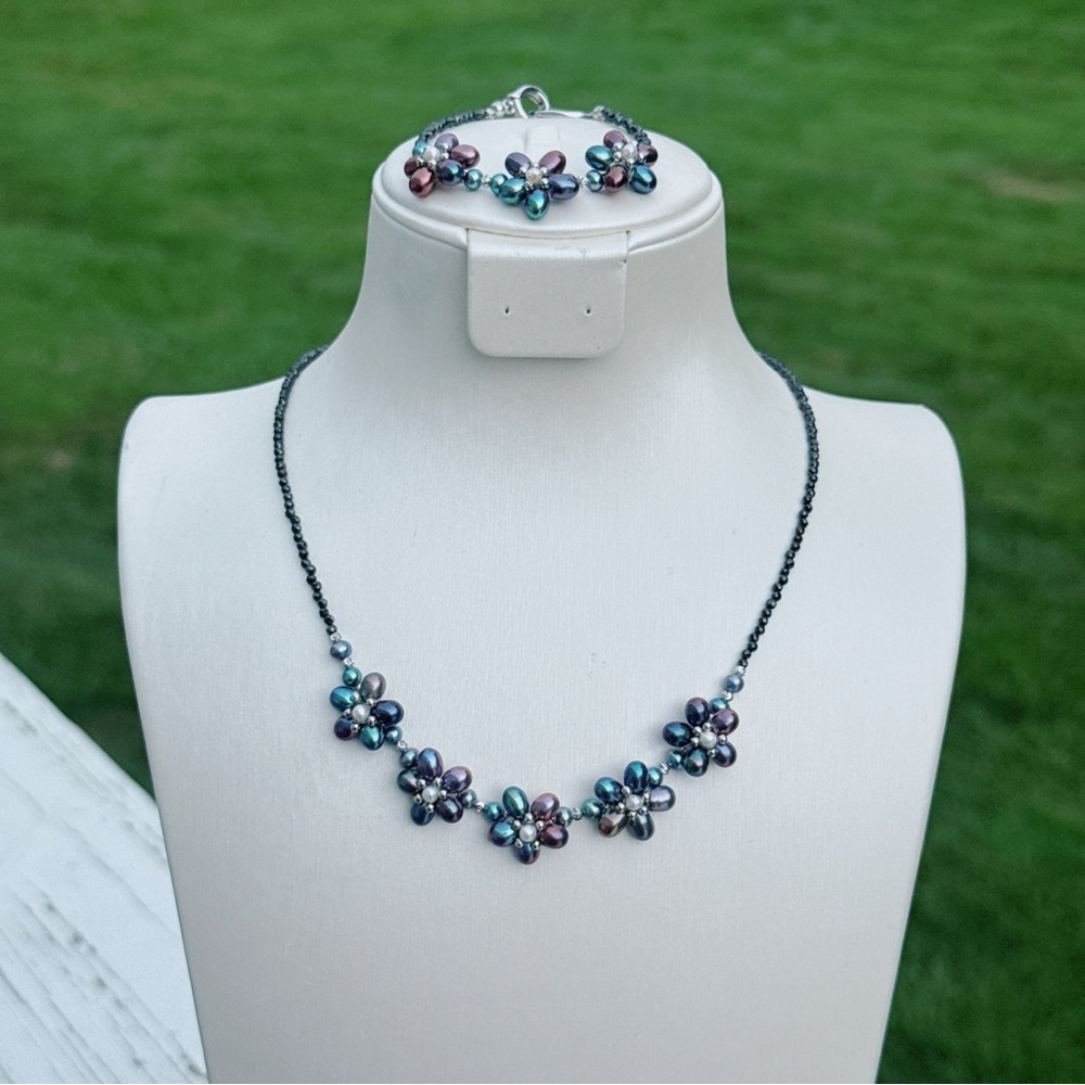 X576 Handmade Freshwater Pearl  Black Spinel Necklace Bracelet Statement Set